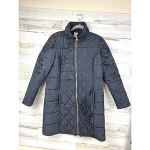 Chicos Womens M Black Flocked Velvet Long Zip Up Puffer Winter Jacket Boho Coat